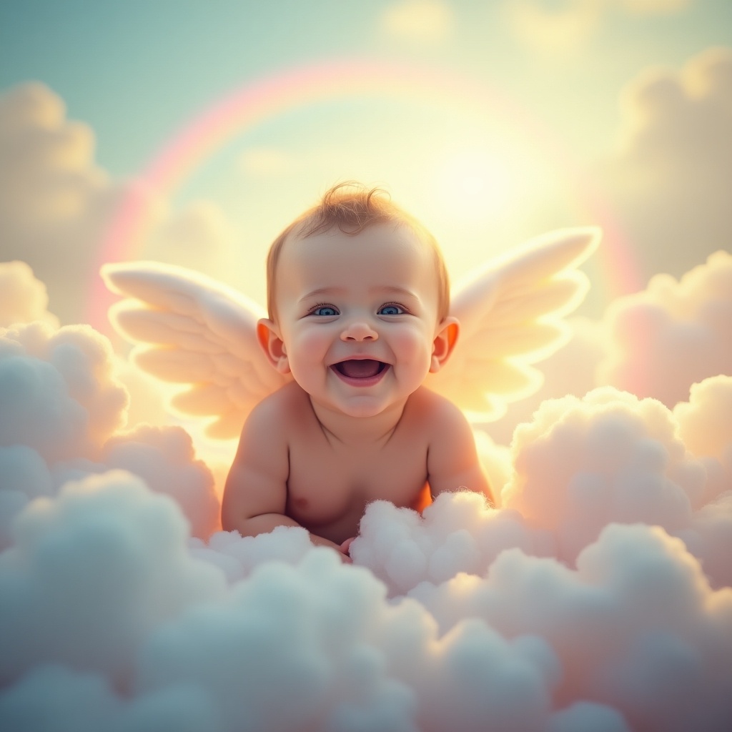 The image features a joyful baby boy named Luke, portrayed as an angel with delicate wings. He is set against a backdrop of fluffy clouds and a vibrant rainbow. The baby is smiling brightly, radiating happiness and innocence. The lighting is soft and dreamy, enhancing the ethereal quality. This whimsical portrayal captures the essence of childhood and the joy of parenthood.