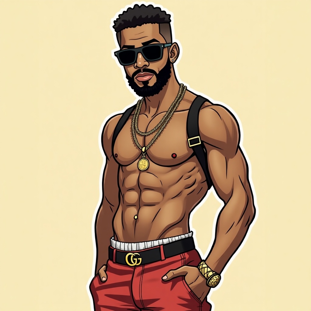 The image features a cartoon man with a muscular build. He is dressed in stylish Gucci clothing, giving off a relaxed and confident vibe. His accessories, including chains and sunglasses, enhance his cool persona. With his pose and expression, he seems ready to become the next internet meme sensation. The background is a soft beige color, making him stand out as the main focus.