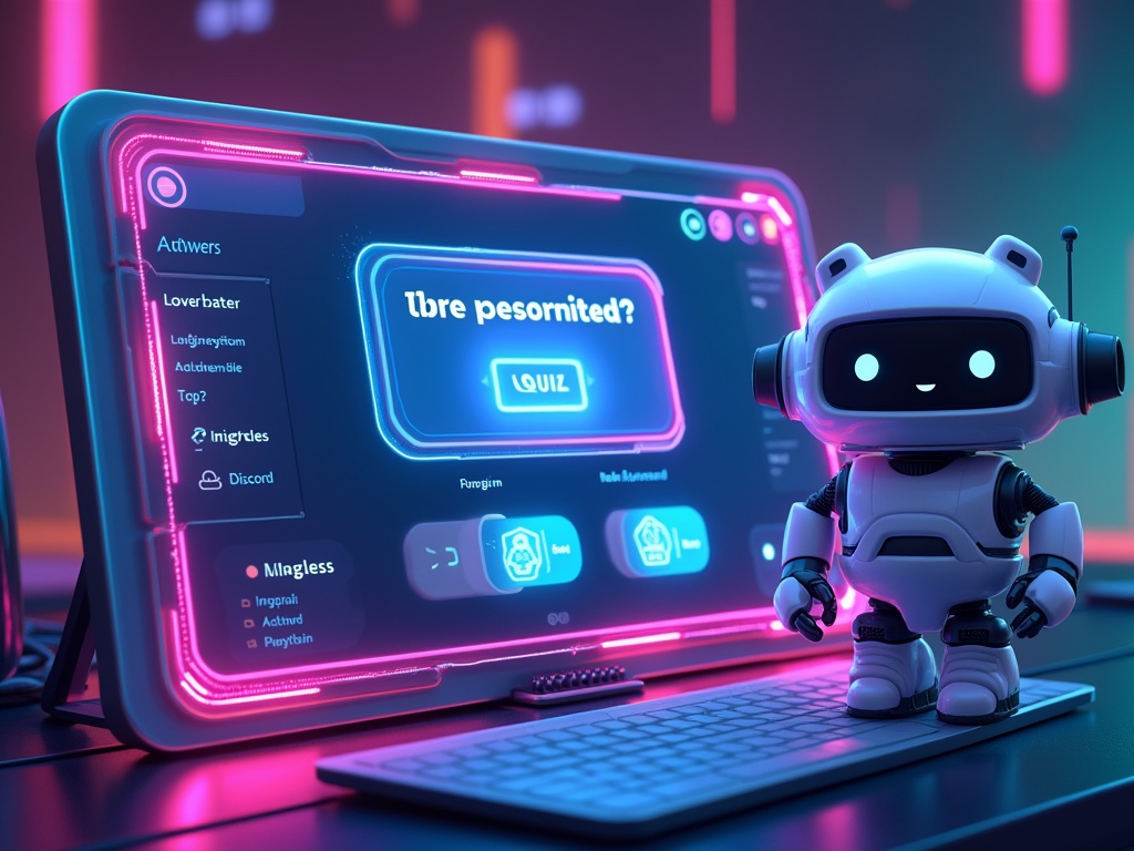 Vibrant modern Discord Quiz Bot banner. Features futuristic neon-lit Discord interface with glowing quiz question. Includes interactive buttons for multiple-choice answers. Shows leaderboard with top players. Represents Discord bot as cute AI mascot with robotic friendly appearance. Color scheme includes deep blue purple bright neon green pink.