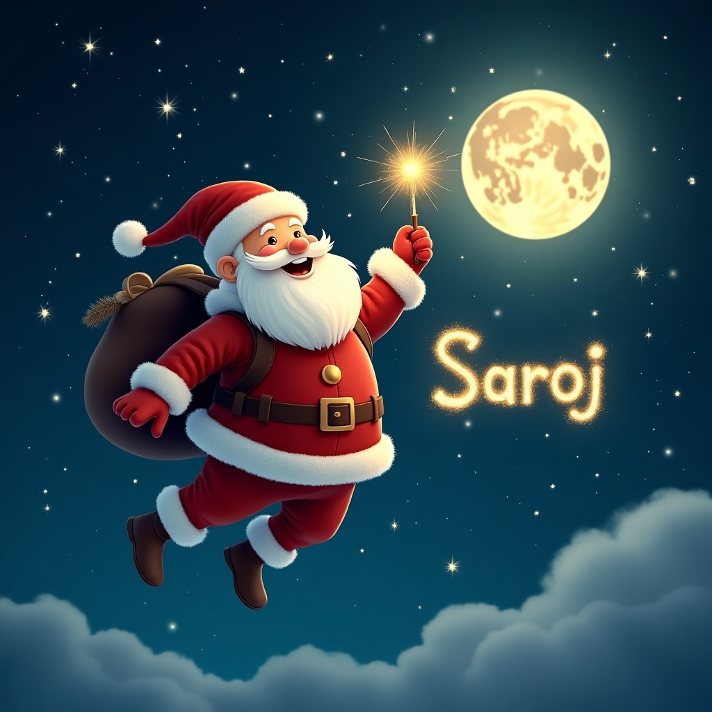 A jolly Santa Claus is floating in the night sky holding a sparkling wand. He is surrounded by twinkling stars and a full moon. With a cheerful grin, Santa writes the name 'Saroj' in shimmering, golden letters across the sky. Snowflakes gently fall in the scene.