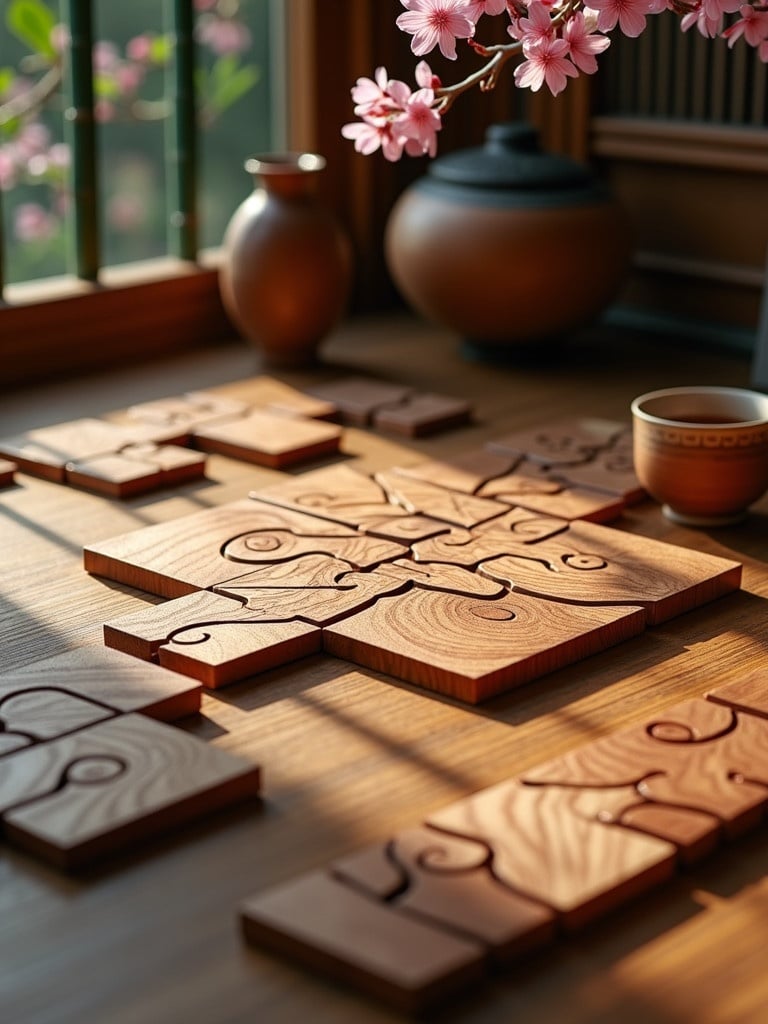 Hyper realistic tangram puzzles displayed elegantly on a wooden table. Pieces made of exotic wood showcase fine craftsmanship. Soft lighting enhances the scene with cherry blossoms in the background.