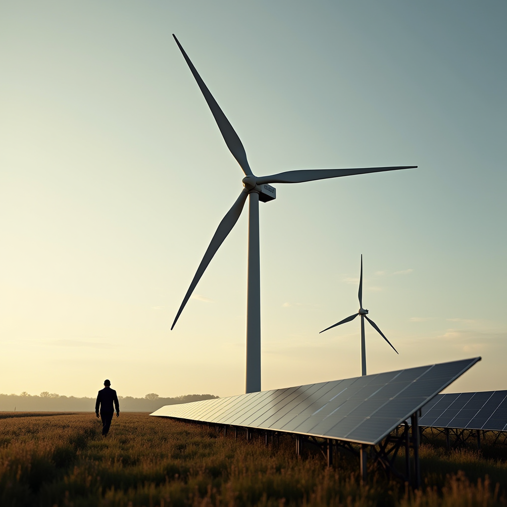 A person walks near solar panels and towering wind turbines against a serene sunset.