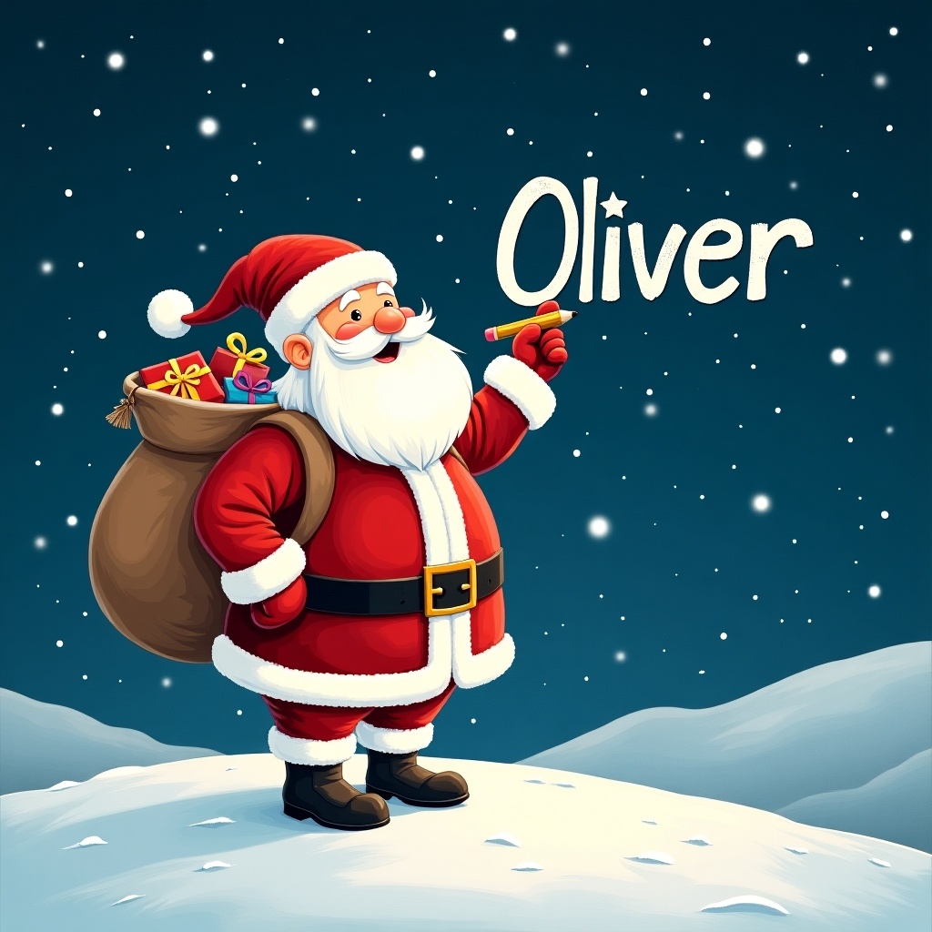 Santa Claus stands on snowy hill under starry night. He dresses in red and white. He writes names in the sky with a pencil. A large sack of gifts rests on his back. The name 'Oliver' appears in whimsical font.