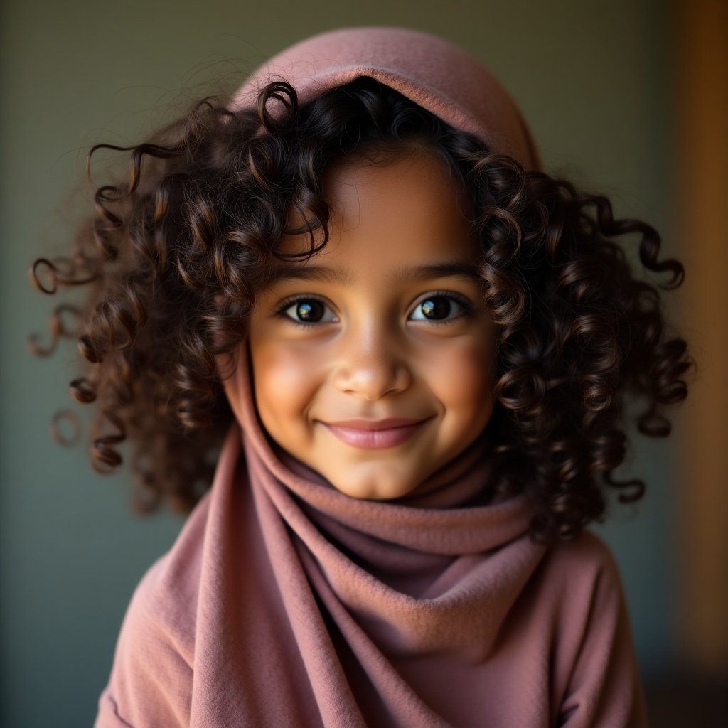 A cute girl with curly hair and dusky skin is wearing a hijab with soft, natural lighting. Her expression is joyful and innocent. The image captures the essence of cultural diversity and beauty.