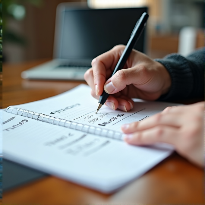 A person writing in a planner with a laptop in the background, focused on organization.