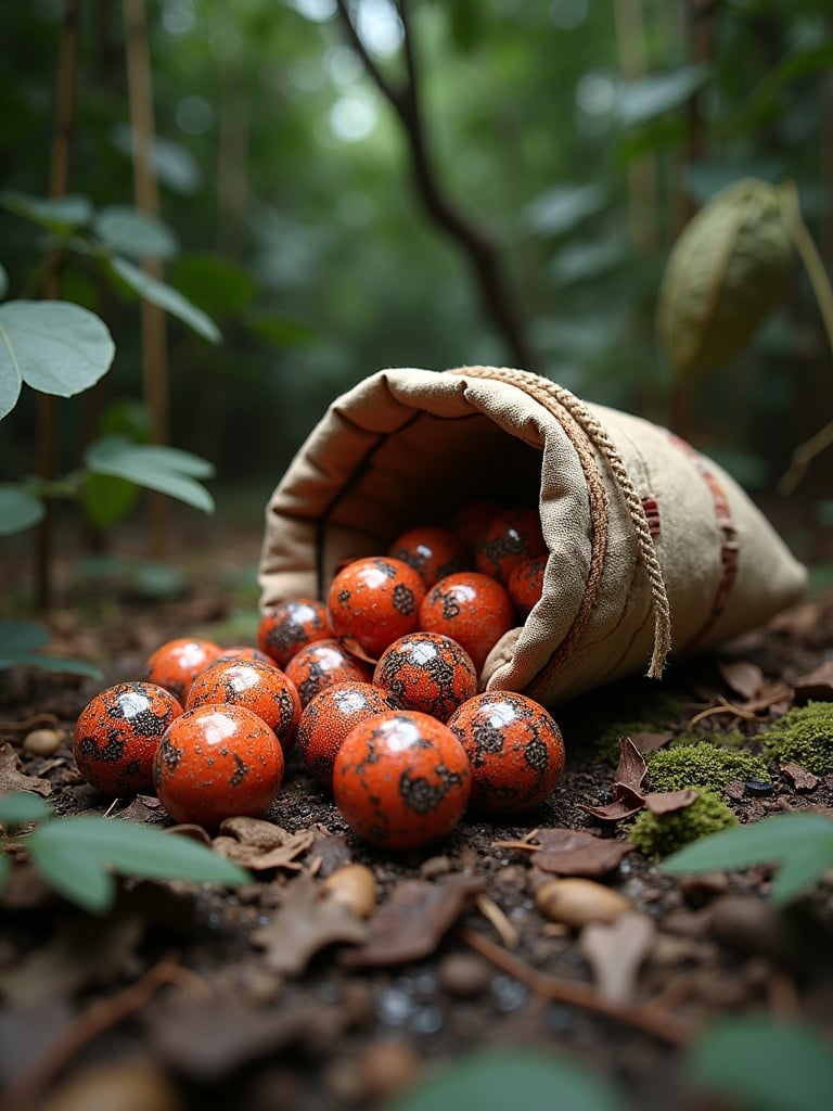 Scene features realistic marbles made of Eastern coral snake skin with wooden inlays. Marbles spill from a handmade sack on a forest floor. Ambiance resembles the Amazon jungle. Natural colors and textures create an exotic feel.