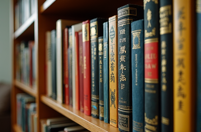 A close-up view of assorted, colorful books on a wooden shelf in a library setting.