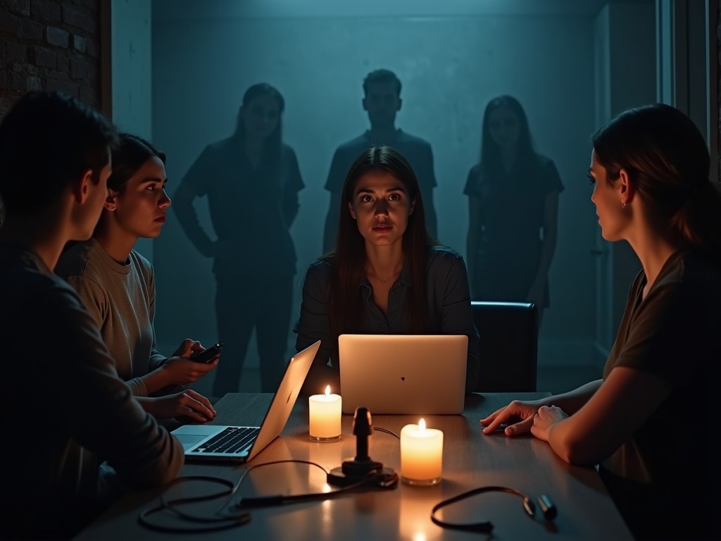 A group of five people gathered around a table, illuminated by soft candlelight. The central figure is a woman with an intense gaze, working on her laptop. Surrounding her are three individuals, each with a serious expression, looking at her. The atmosphere is dark and moody, filled with shadows of figures in the background, enhancing the dramatic tension. They are engaged in a serious discussion, likely about a psychological or mysterious topic. The scene conveys a sense of urgency and suspense.