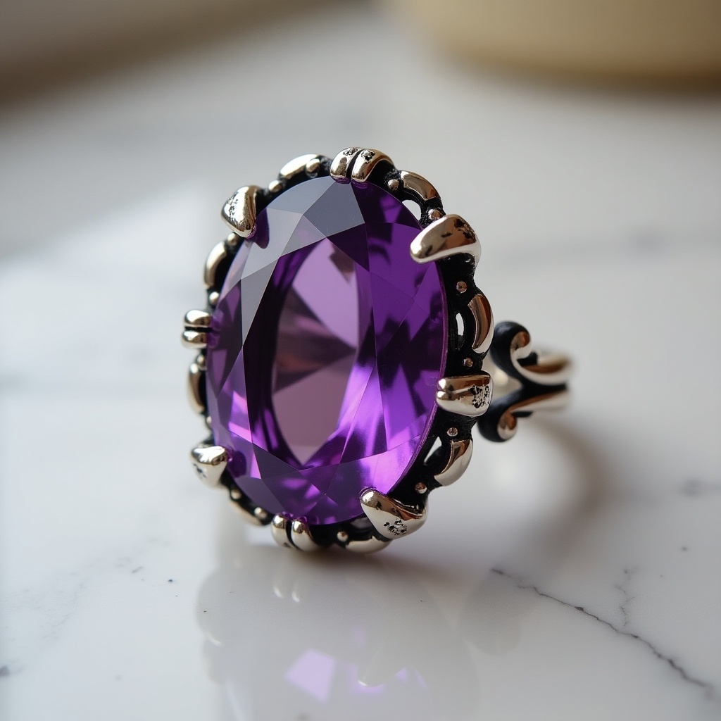 Close-up of a purple gem set in a silver ring. The ring has a design resembling a hand. The gem is faceted and shines under natural light.