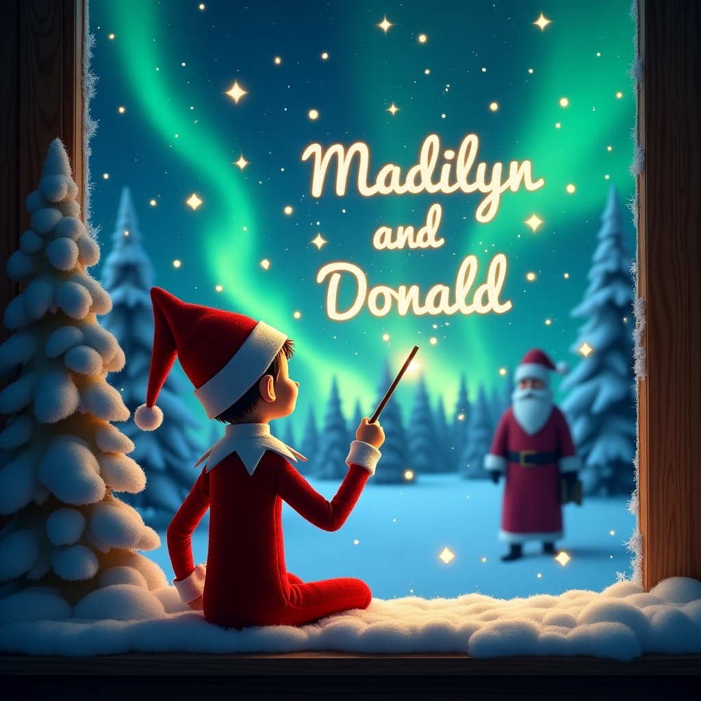 Elf on the shelf faces a magical winter night sky. Elf in red outfit uses wand to write names. Background features northern lights and snow-covered trees. Silhouette of Santa appears in the distance.