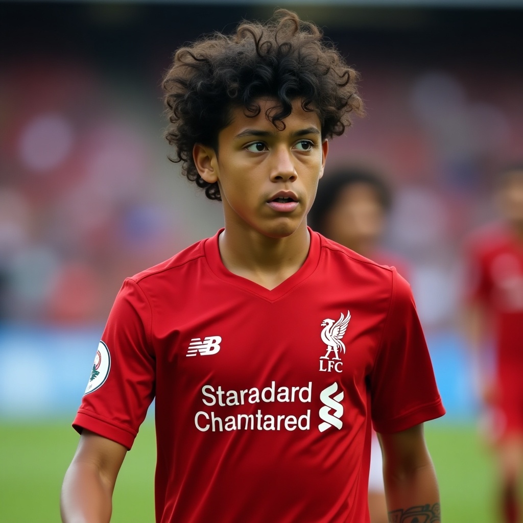 Young football player from Southeast Asia with curly black hair wearing Liverpool FC jersey. Player showing intense expression while standing on the field. Background slightly blurred, signifies an active football match. Focus on the player's dedication and competitive spirit.