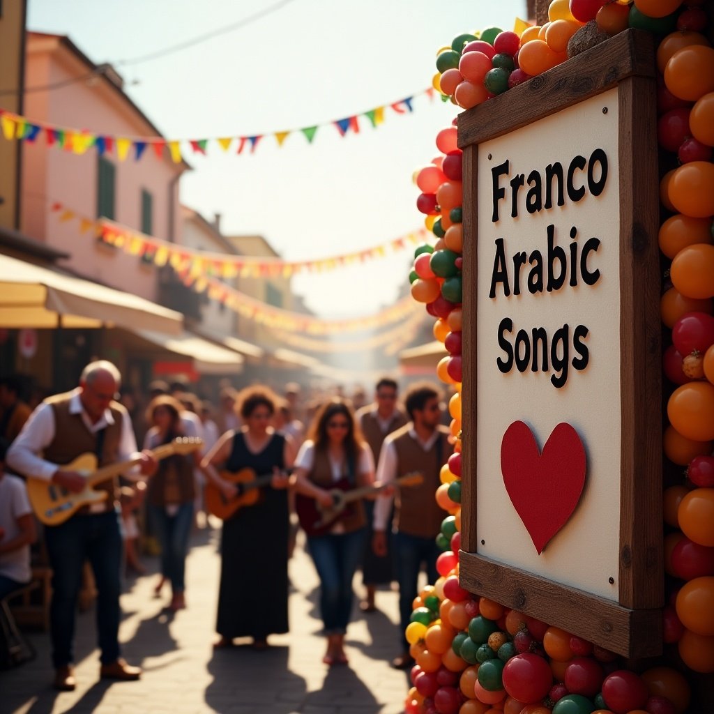 Banner states Franco Arabic songs. Festival atmosphere with musicians and crowds of people. Bright and colorful street setting.