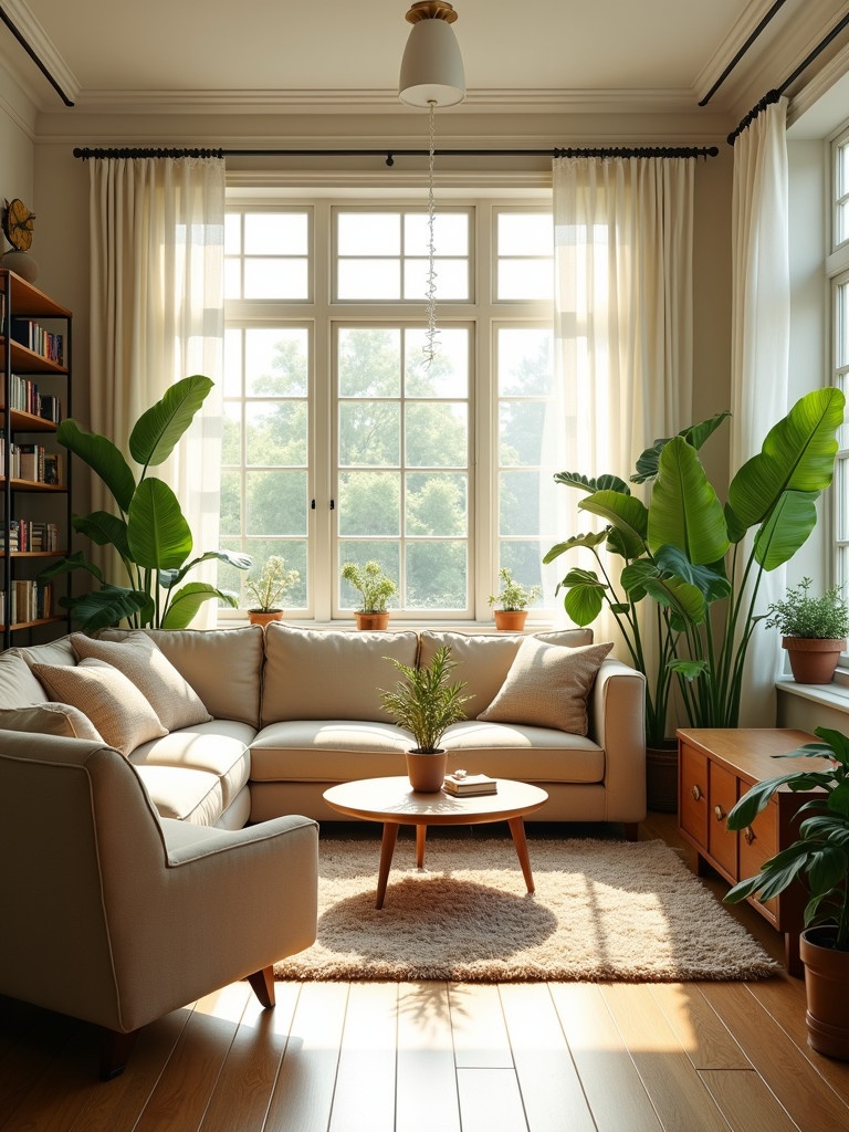 Cozy living room filled with natural light. Large windows with sheer curtains. Comfortable beige couch with soft pillows. Lush green plants in various corners. Soft rug on wooden floor. Bookshelves with books and artworks. Inviting atmosphere created by sunlight.