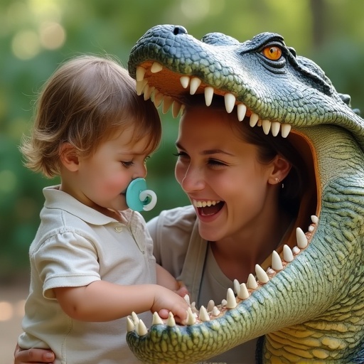 A mother plays with her child in a park. The child fits into a lifelike alligator's mouth. The child holds a large pacifier. The scene is vibrant and outdoors.