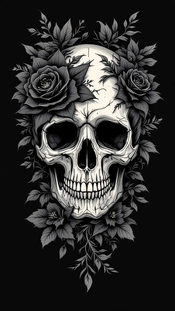 Create a detailed gothic-inspired vector illustration which features a skull surrounded by intricate floral elements. Utilize dark gothic flowers and leaves for the design. The background should be completely black to enhance the gothic theme. This artwork is perfect for a t-shirt design.