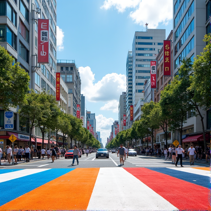 A vibrant city street with colorful crosswalks and busy pedestrians under a clear blue sky.