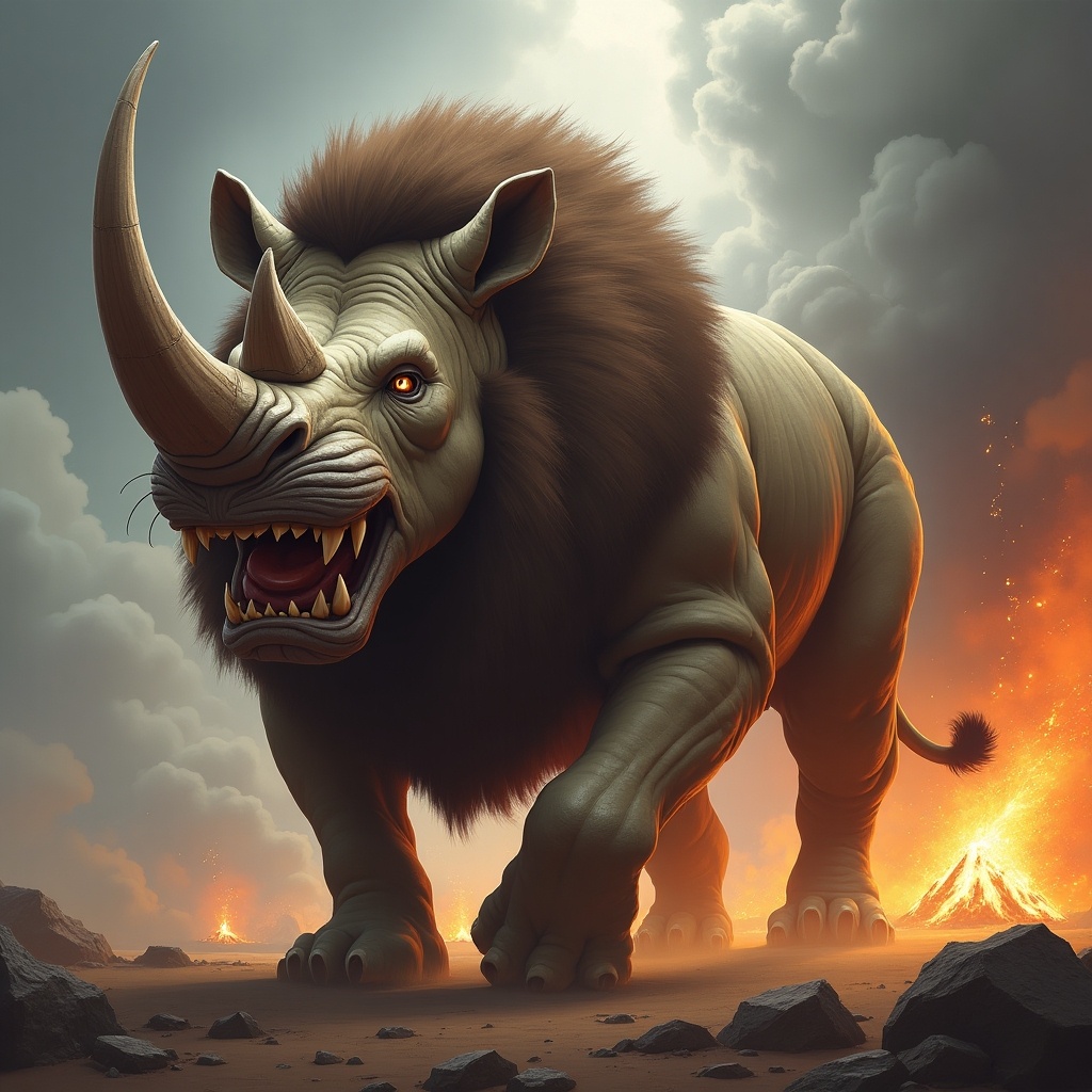 Design a hybrid creature combining a lion and a rhino. Powerful body of a rhino with fierce lion features. Tough skin resembling rhino hide with wild lion fur appearance. Angry expression radiating menace. Background of chaos with fiery landscape and volcanic eruptions.