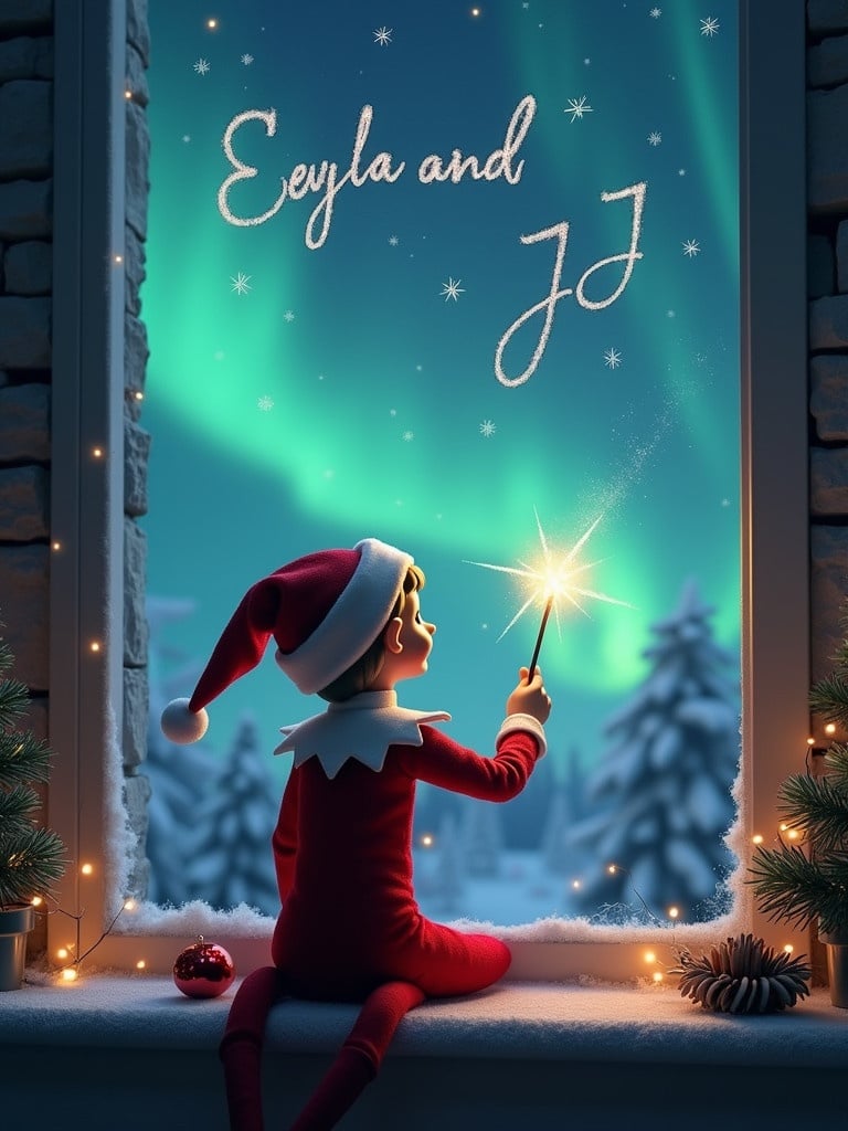 Elf on the Shelf with back to the viewer. Young boy wearing a red Christmas outfit. Wand held high. Writing Leyla and JJ in the magical sky. Beautiful northern lights coloring the background. Cozy indoor setting with Christmas decorations.