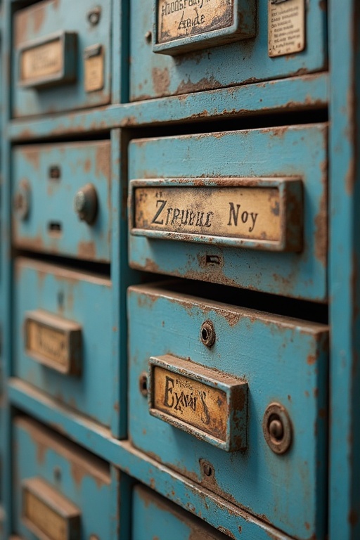 Row of vintage drawers with labels. Industrial appearance with aged, worn blue paint. Close-up view highlighting drawer details.