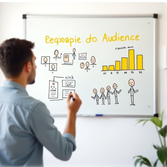 A man stands in front of a whiteboard illustrating diagrams and yellow bar graphs for an audience analysis presentation.