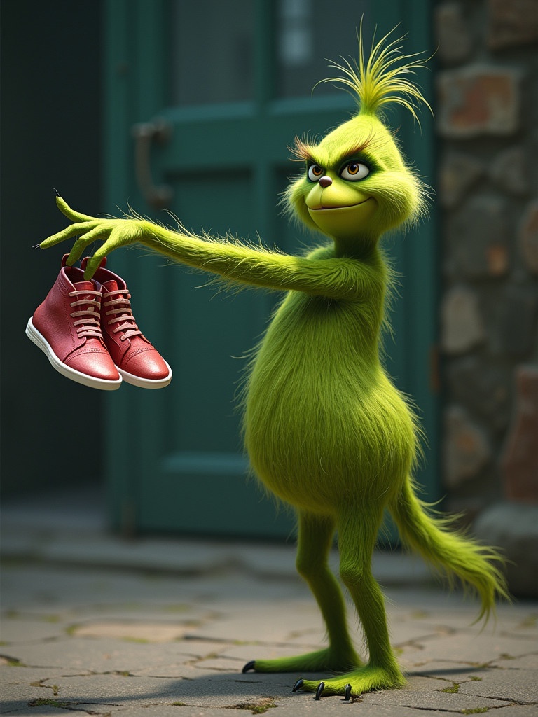 Side view of a green character stretching out hand. Grinch holds a pair of red sneakers. He gazes towards the camera.