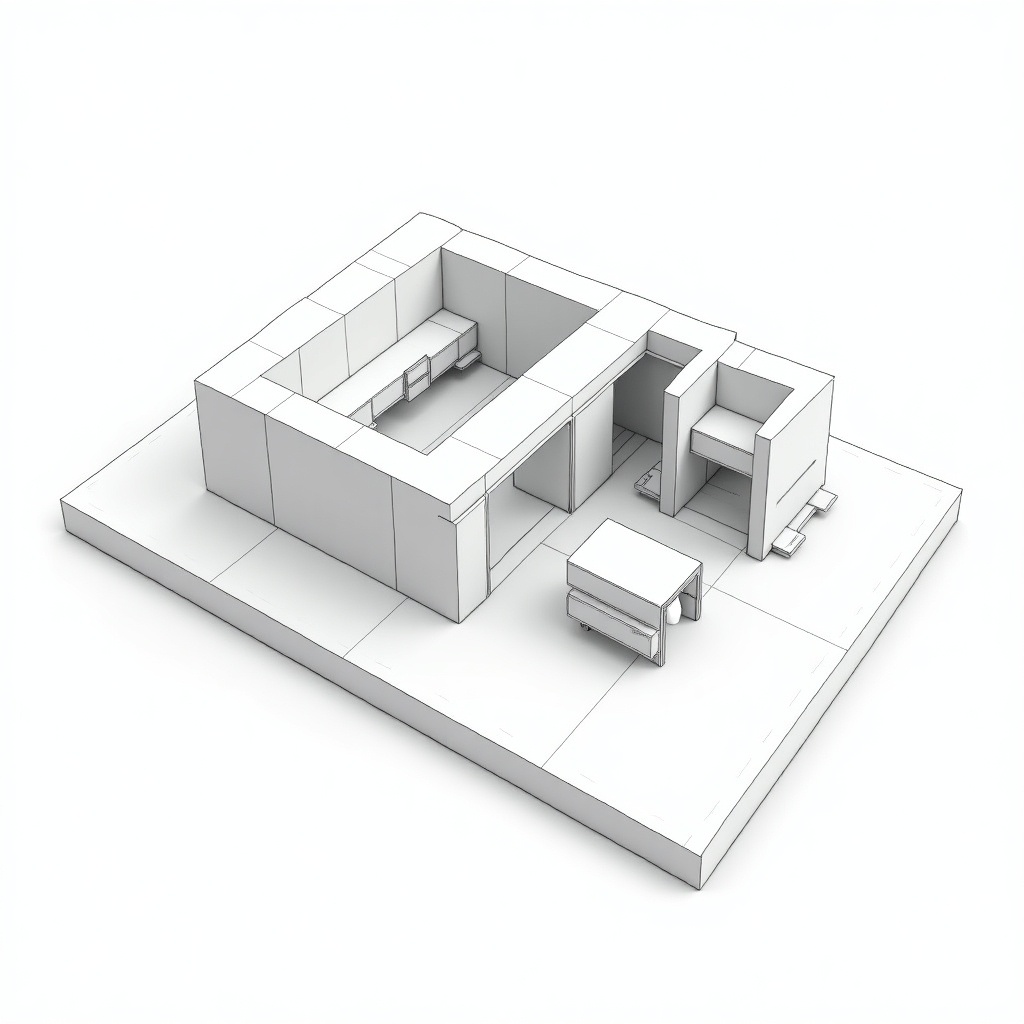 3D model of a minimalist architectural structure with tables and cylindrical sections. Emphasis on spatial arrangement and depth perception. Clean, white surfaces with clear geometric forms.