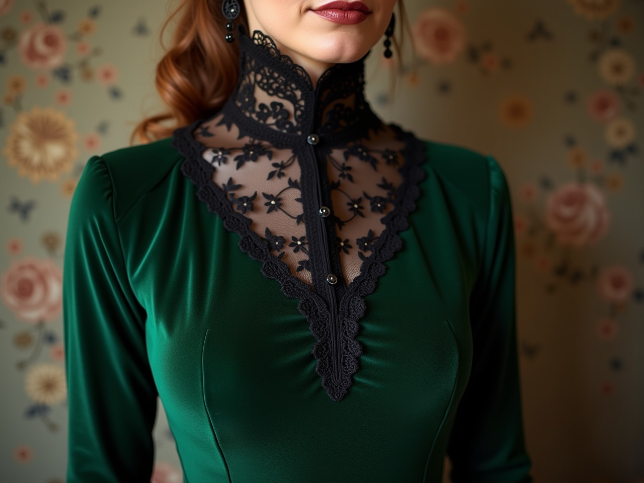 The image showcases a beautiful Victorian dress made of rich green velvet. Its neckline is adorned with intricate black lace, giving it a classic elegance. The dress features a high collar that is both stylish and sophisticated. The lighting accentuates the texture of the fabric and lace. This garment embodies the opulence of the Victorian era and is perfect for themed events or historical recreations.