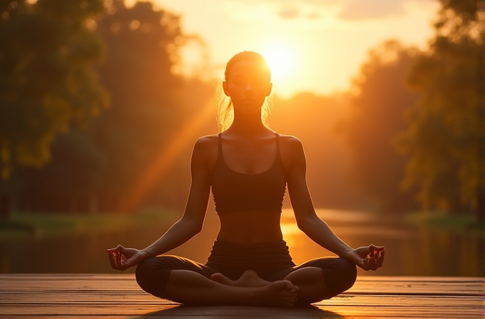 A person is meditating outdoors by a water body at sunset, surrounded by trees.