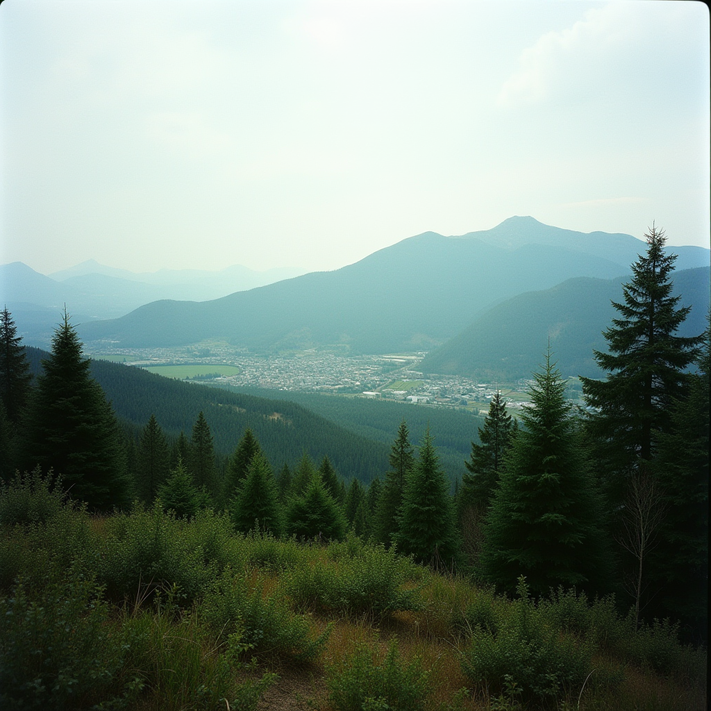 A serene mountain valley with lush evergreen trees in the foreground and a hazy view of the distant town beneath the gentle slopes.