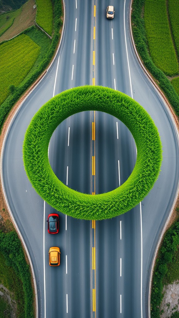 A surreal road with a circular patch of grass over it, blending nature and infrastructure in a dreamlike scene.