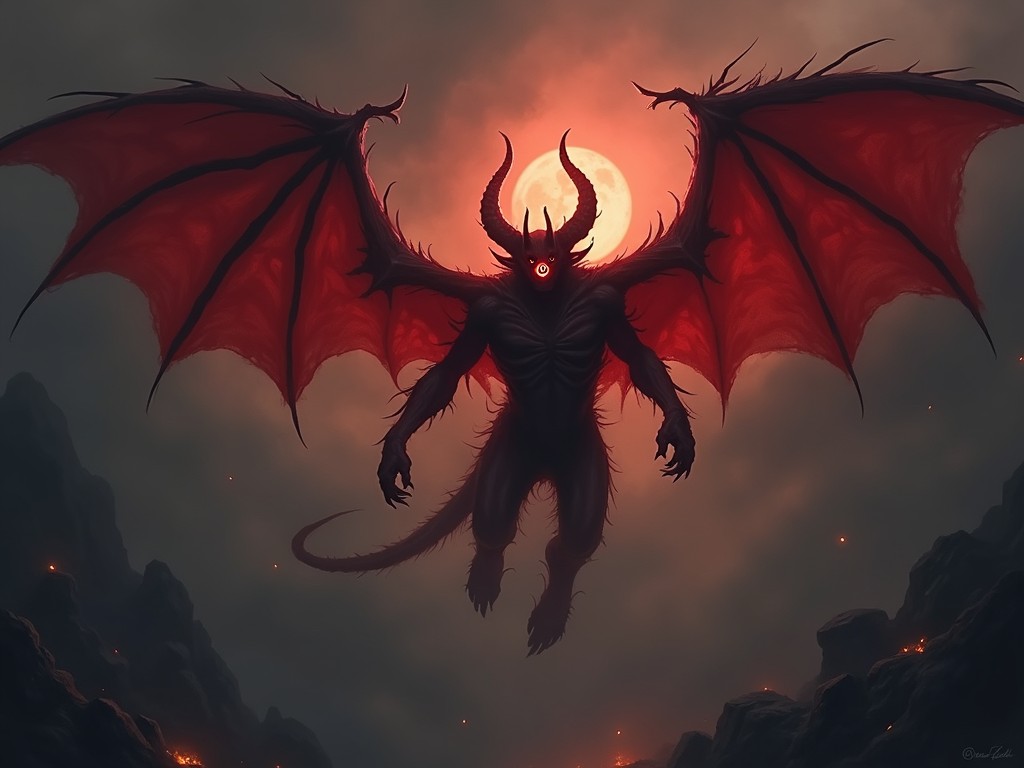 The image portrays a demonic figure with large, red wings and horns, set against a menacing, dark sky illuminated by a glowing red moon. The creature's eye glows eerily, adding to the menacing atmosphere of the scene. The landscape below is rugged, evoking a sense of an otherworldly or infernal realm.