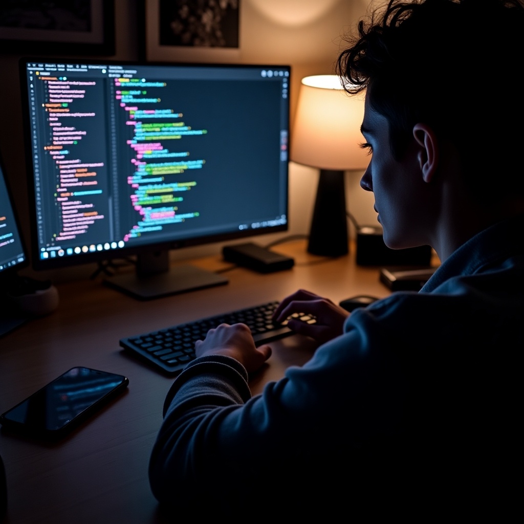 A young person is designing posters on a laptop in a cozy, dimly lit room. The screen displays colorful code. There's another monitor next to them and a smartphone on the desk. The atmosphere is warm and inviting, with soft lighting enhancing the creative environment. The individual focuses intently on their work, surrounded by technology and tools that support their creative endeavors.