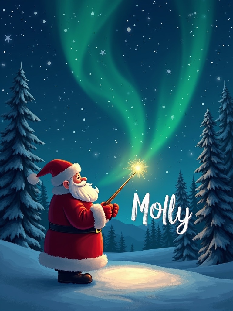 Santa in a North Pole forest writes name under starry night sky and Northern lights with glowing wand.