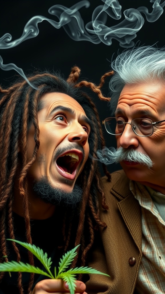 Two animated characters engage in a spirited conversation amidst swirling smoke and vibrant expressions.