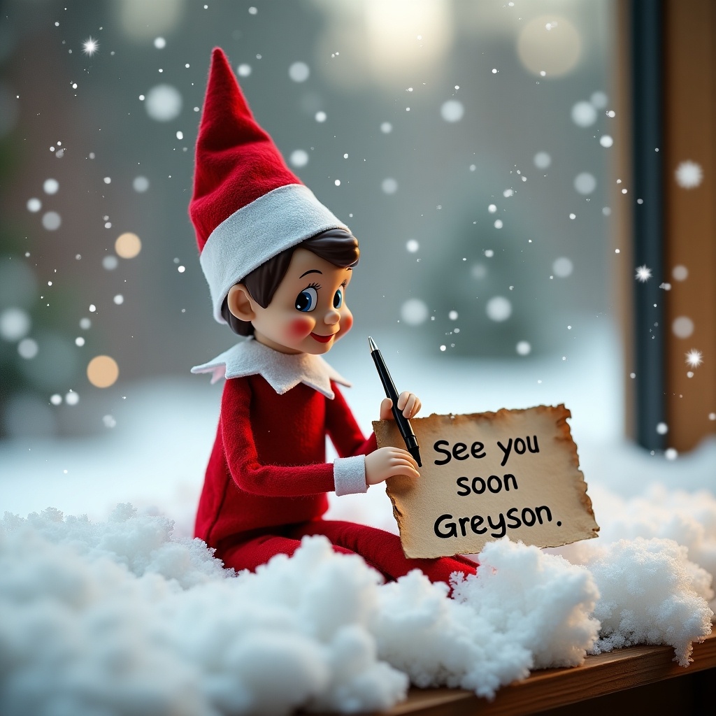 Elf on the shelf sits in the snow. Writing a note that says see you soon Greyson.