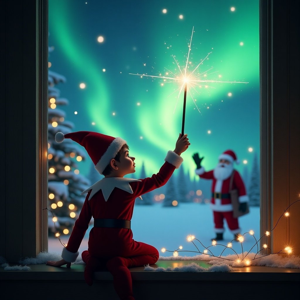 Elf on the shelf character faces northern lights and Santa with a sparkler wand.