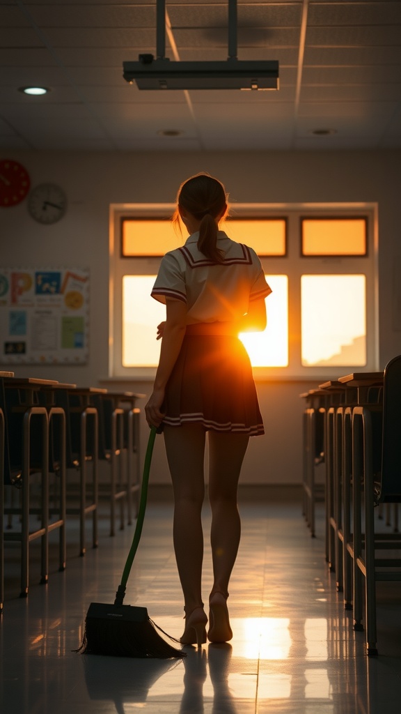 A girl in a school uniform stands in a classroom, silhouetted against a warm sunset streaming through large windows. She holds a broom, indicating the day's activities are winding down, as the golden light casts long shadows across the reflective floor. The scene evokes a sense of calm and contemplation, capturing a serene moment of transition.