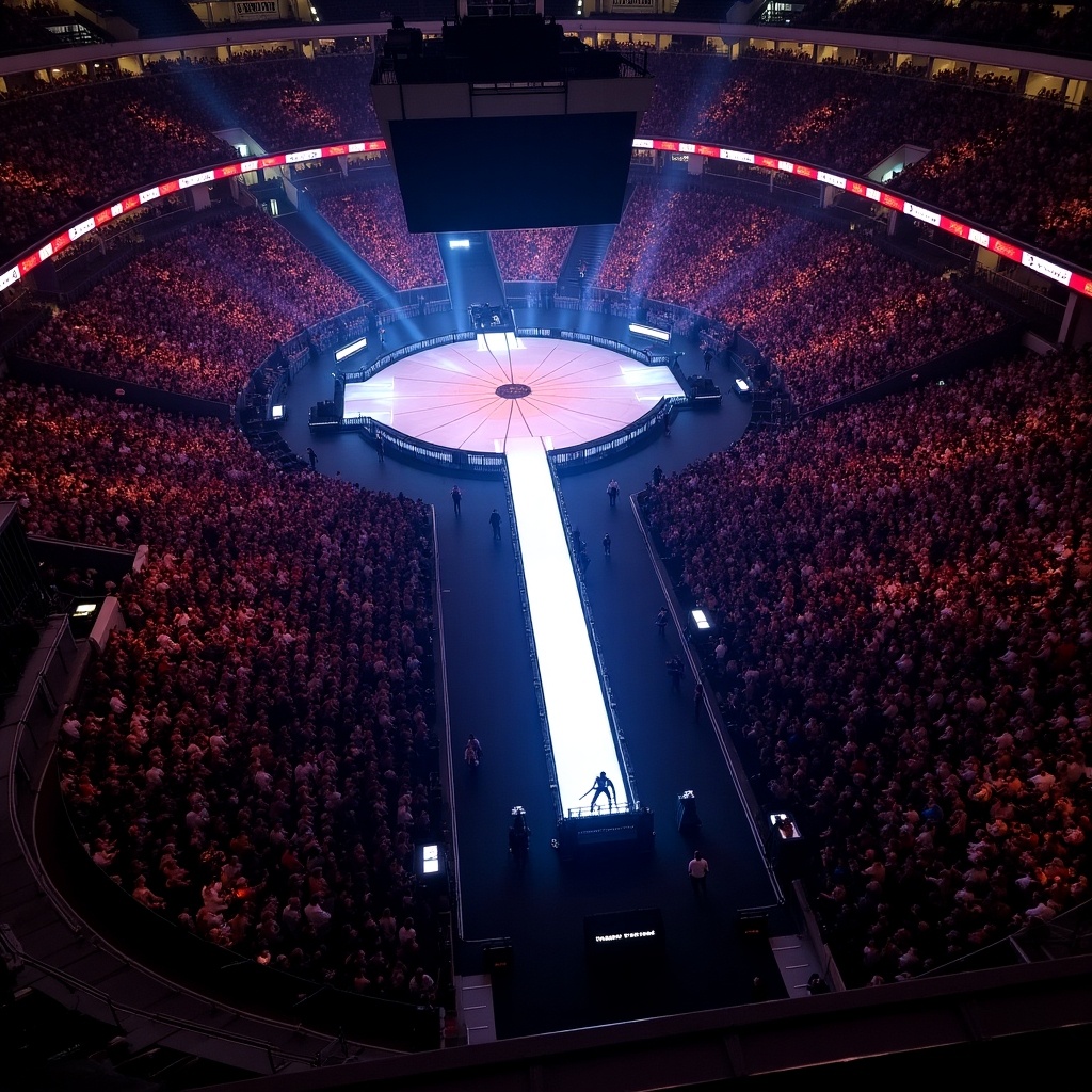 Aerial view of concert stage at Madison Square Garden. T-stage runway visible. Large crowd attending performance by Roddy Rich. Bright stage lights illuminating the scene.