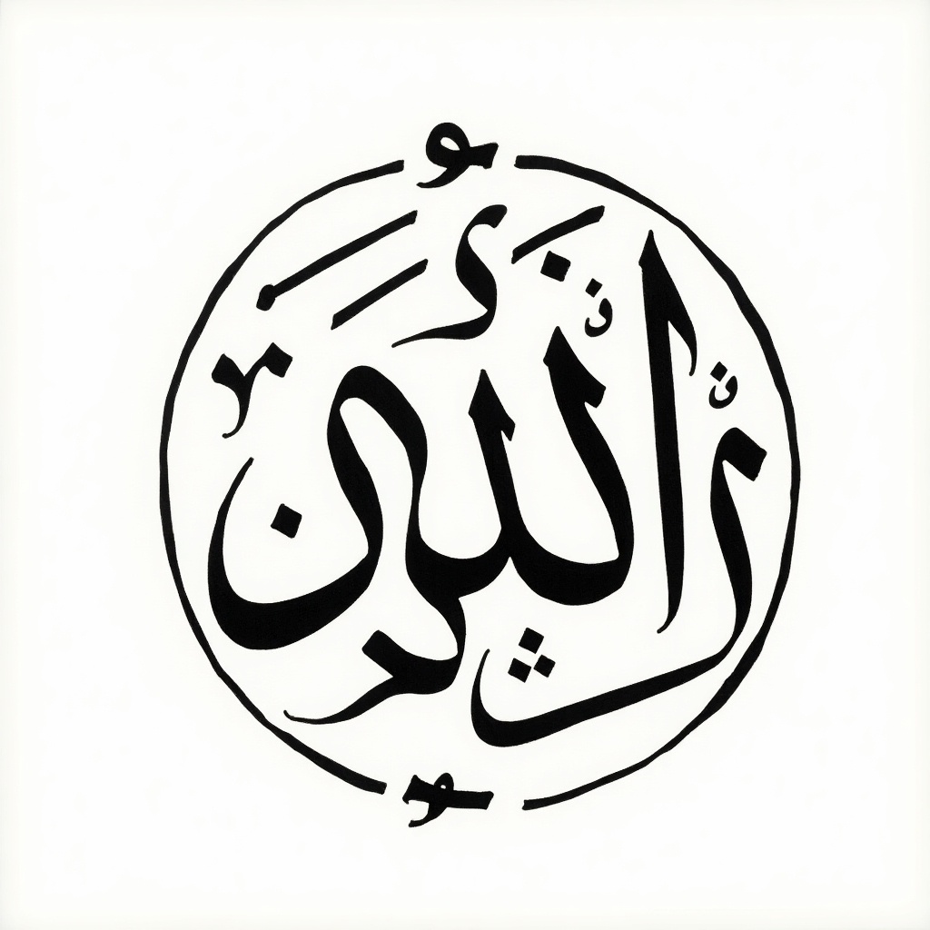 Handwritten Arabic calligraphy depicts the phrase about belief in one God and the prophet Muhammad. Circular design of the calligraphy showcases artistic tradition.