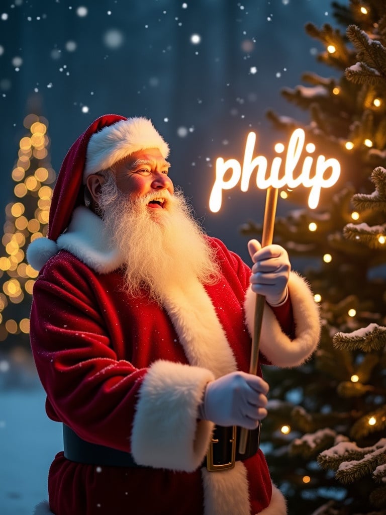 A jolly Santa Claus celebrates Christmas night. He wears a traditional red suit and white fur trim. Snow falls softly around him. He holds a glowing stick that lights up the word 'philip'. The background has twinkling fairy lights and illuminated Christmas trees. The atmosphere is magical and warm.