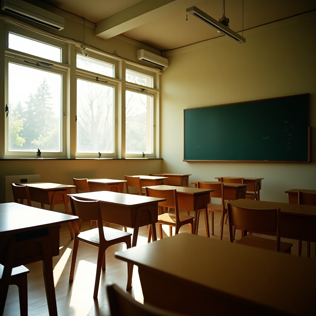 This image showcases an empty Japanese classroom bathed in warm sunlight. The classroom features natural wood desks arranged with care, creating a serene and inviting atmosphere. The sunlight filters through large windows, casting gentle shadows across the room. The walls are a soft beige, complementing the wooden furniture, and a large chalkboard stands ready for lessons. This scene captures the essence of a peaceful educational space, perfect for contemplation or inspiration.