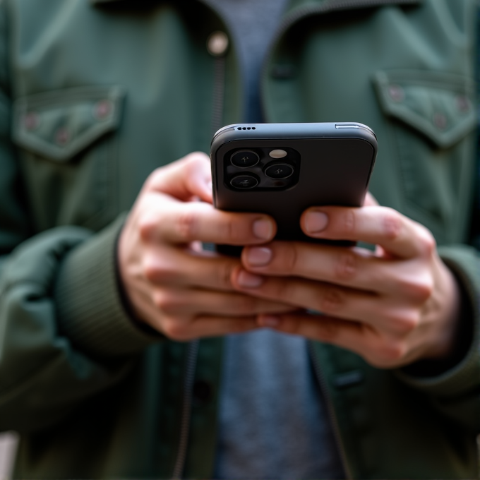 A person wearing a green jacket is using a smartphone.