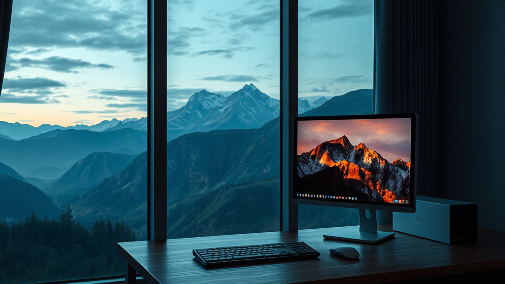 A computer setup on a wooden desk with a panoramic mountain view at sunrise, showcasing a desktop wallpaper that mirrors the exterior scenery.