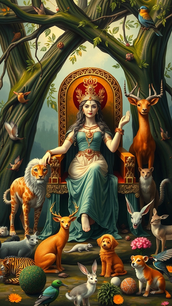 A regal woman sits on a throne surrounded by various animals in a mystical forest setting.