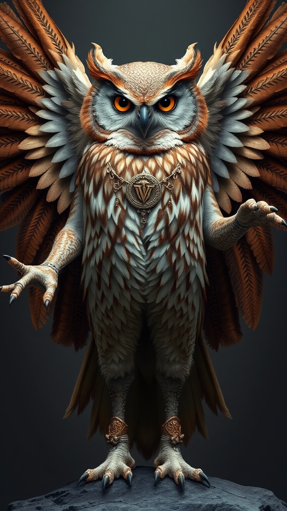 A majestic owl stands proudly with its wings spread wide, adorned in ornate jewelry and intricate feather patterns. Its piercing orange eyes gaze forward with a sense of wisdom and authority. The detailed textures of its feathers and jewelry create a sense of regality against the muted background.