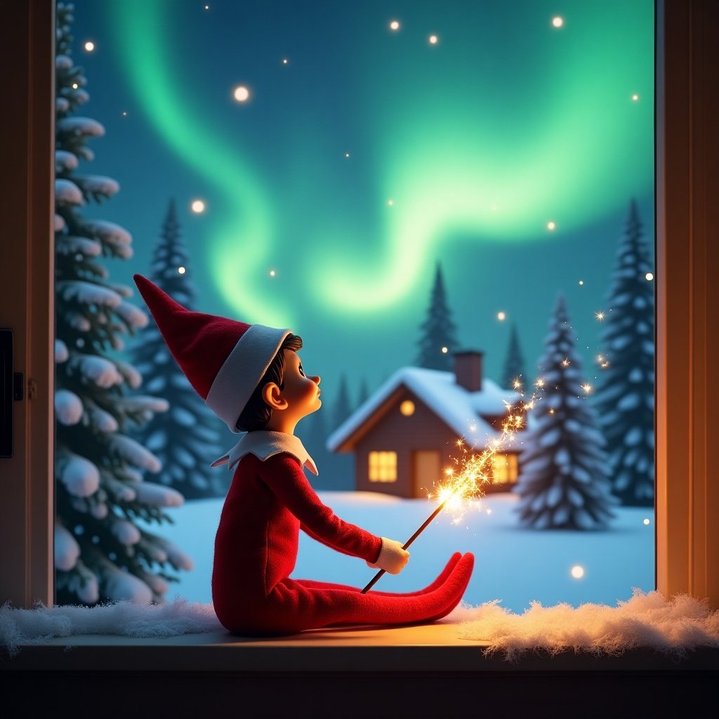 An elf on the shelf sits on a window ledge. The elf gazes skyward. One hand holds a glowing wand. Northern lights swirl in the night sky. A cozy house decorated for Christmas is visible in the distance. Snow covers the ground and pine trees. The atmosphere feels magical and festive. The name 'Elleigh 2 days left' appears in the air. The elf wears a red outfit and has brown skin.