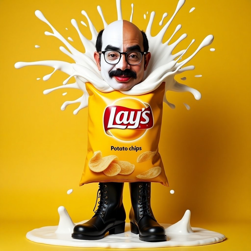 A vibrant image shows a Lay's potato chips bag bursting with white slime. At the bottom, black heeled boots are visible. Inside the bag, a man has half his face painted white and the other half brown. He has black hair, big red lips, glasses, and is bald on top.