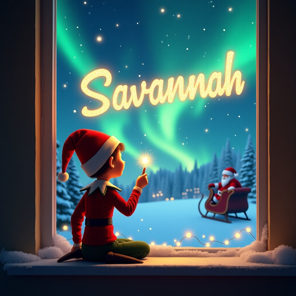 The image captures a whimsical Christmas scene with a cozy atmosphere. An elf sits on a window ledge, turned away from the viewer, focused on creating magical light writing. The name 'Savannah' glows brightly with shimmering lights. Outside the window, colorful northern lights dance across a snowy landscape. In the background, Santa Claus is depicted in his sleigh, adding to the festive cheer.