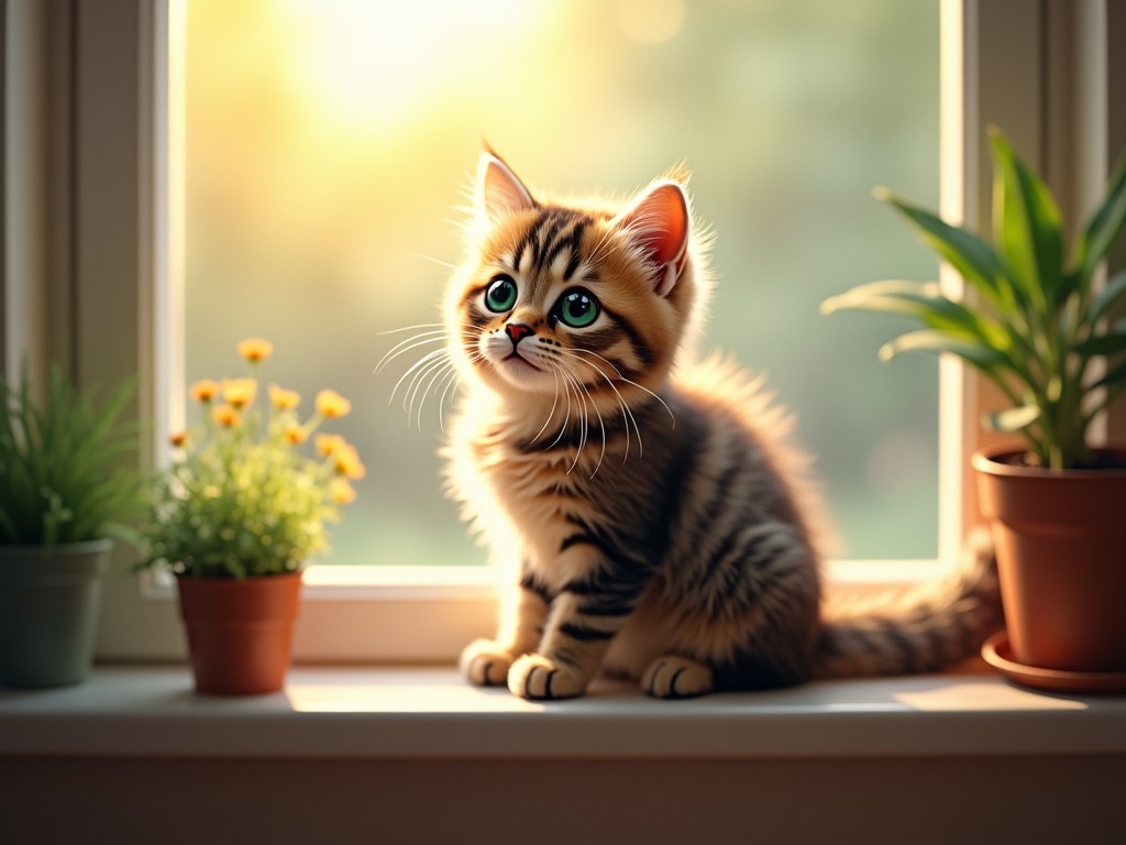 A cute kitten sits on a windowsill bathed in soft, golden light during the golden hour. The kitten has large, expressive eyes and a fluffy striped coat. Potted plants frame the scene, adding a touch of green to the warm ambiance. The peaceful setting suggests a quiet moment of contemplation. Sunlight filters through the window, creating a serene and cozy atmosphere.