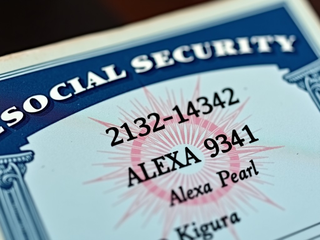 A close-up of a Social Security card with numbers and a name visible.